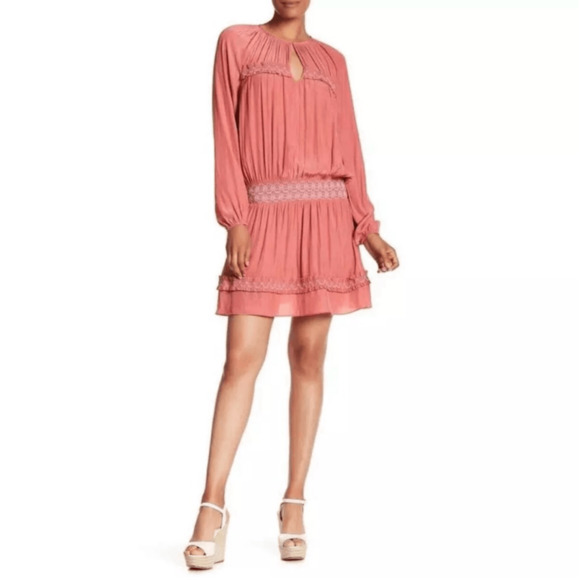 Ramy Brook Dresses & Skirts - Ramy Brook Ailis Embroidered Smocked Dress Size S Peachy Pink Mini Long Sleeve